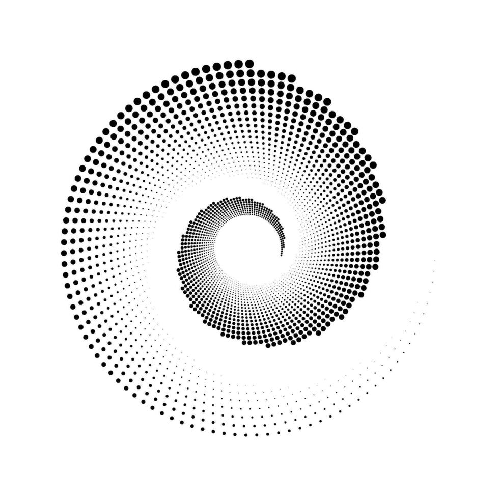 Dotted spiral lines element. Radial spinning halftone form. Circle swirl dots shape. Abstract geometric concept for poster, banner, logo, icon, collage, brochure, presentation, booklet. vector