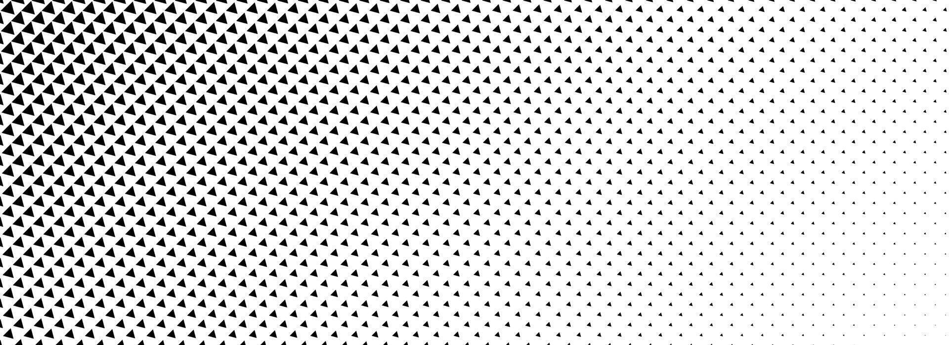Fading triangle halftone gradient texture. Black and white abstract geometric background. Tech triangular halfton gradation pattern. Vanishing mosaic arrow wallpaper for banner, booklet, poster vector
