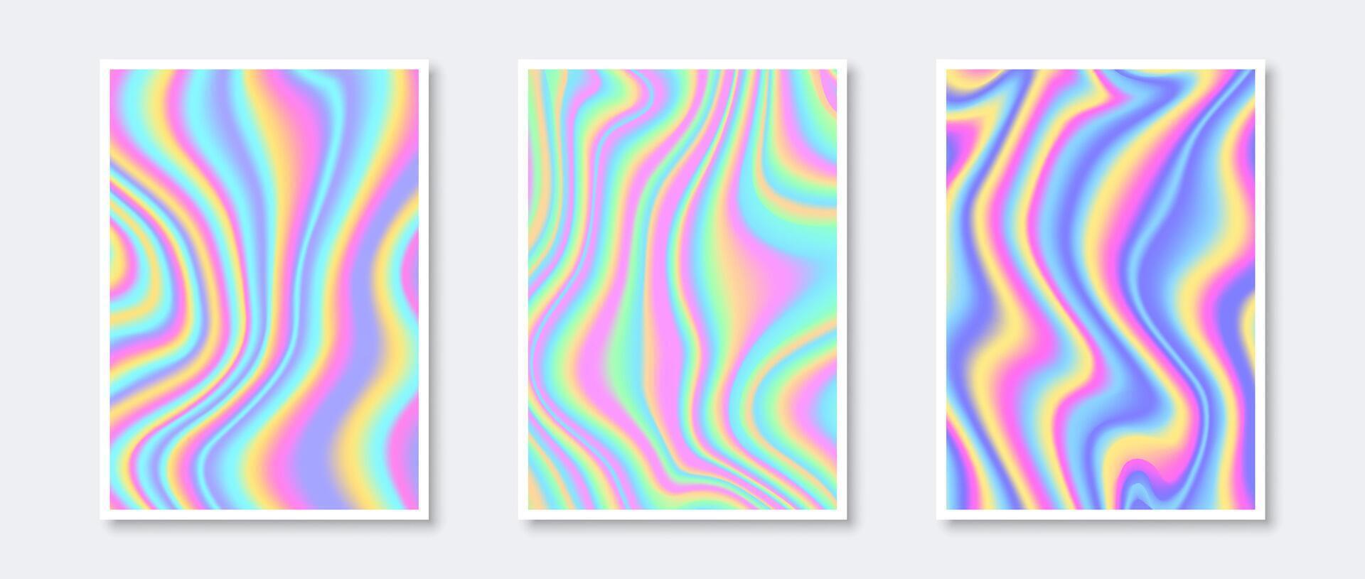 Set of holographic backgrounds. Rainbow wavy gradient wallpaper collection for card, brochure, flyer, poster, banner, booklet. Foil iridescent liquid backdrop bundles. Pastel templates pack vector