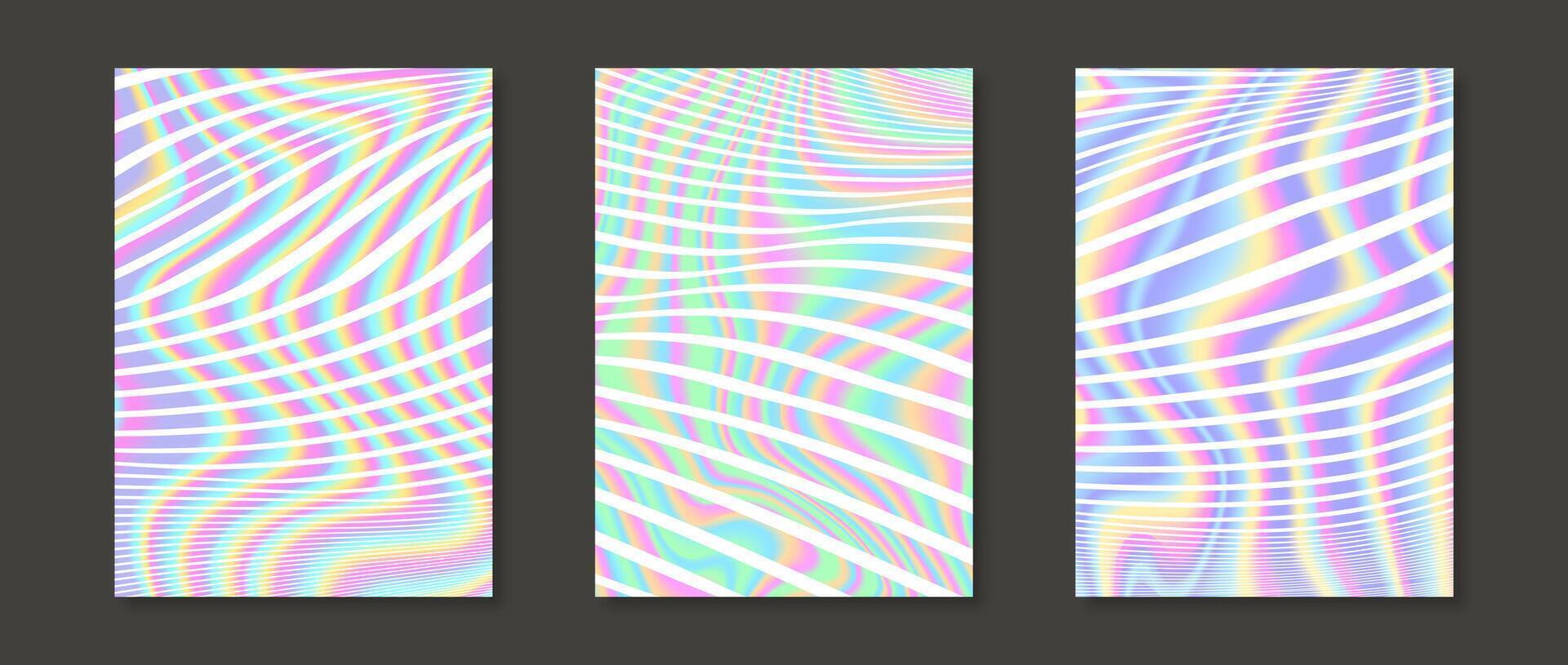 Holographic backgrounds set. Rainbow wavy gradient wallpaper collection for card, brochure, flyer, poster, banner, booklet. Iridescent liquid lines backdrop bundle. Foil pastel templates pack vector