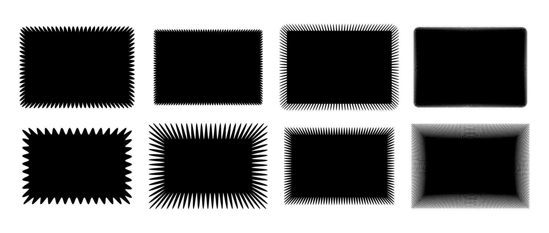Wavy edge rectangle shape collection. Jagged rectangular form set. Black zig zag graphic design element pack for banner, poster, template, sticker, badge, label, tag, flyer. Illustration bundle vector