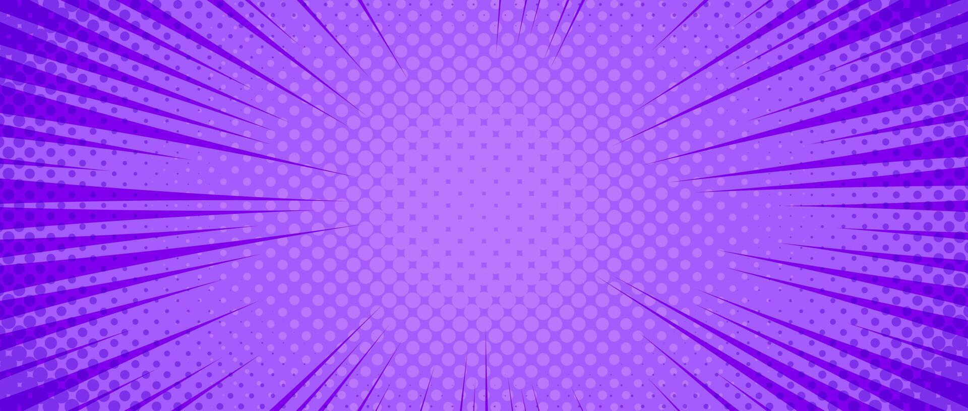 Purple radial dotted comic background. Speed lines wallpaper with pop art halftone texture. Anime cartoon rays explosion backdrop for poster, banner, print, magazine, cover. vector