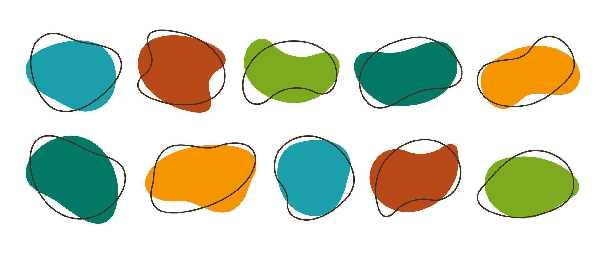 Abstract organic shapes collection. Irregular liquid forms set. Nice amoeba blobs, blotches, drops or stains bundle. Different design templates for label, sticker, banner, presentation, flyer. vector