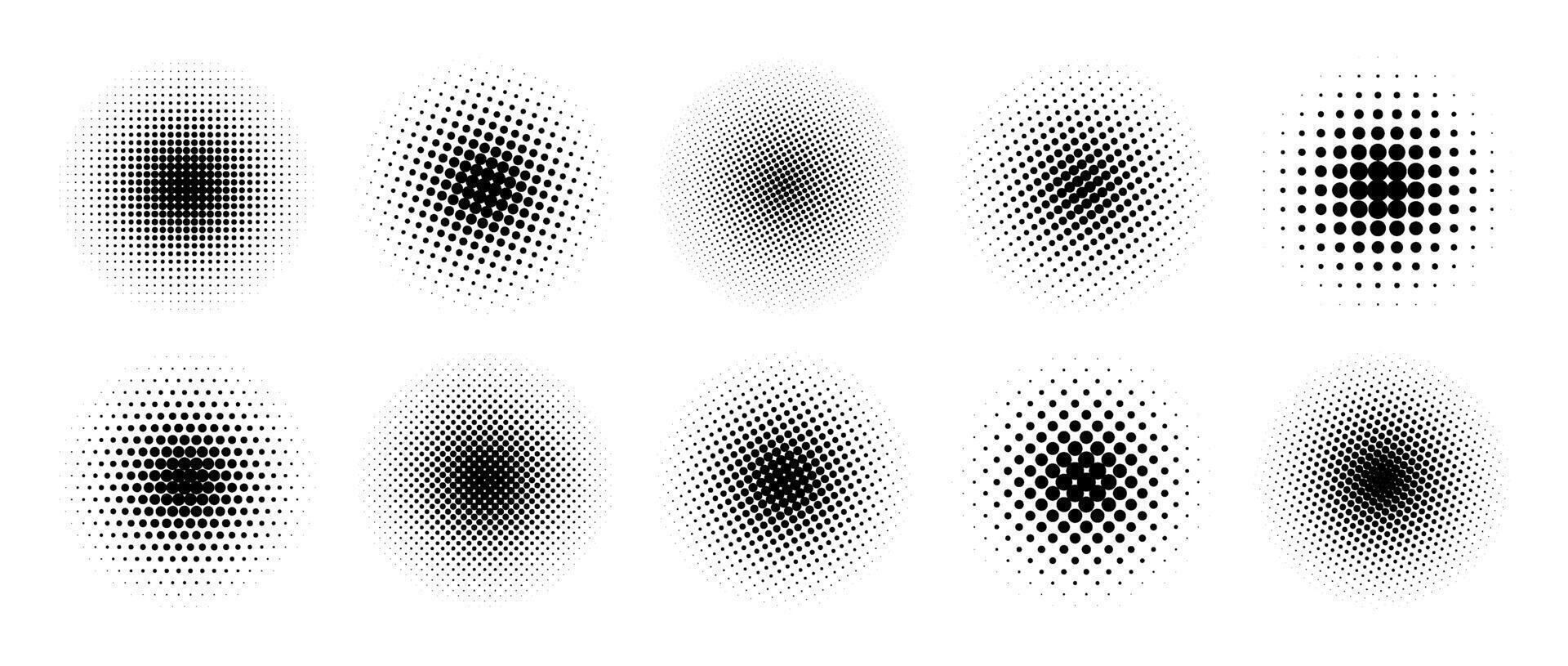 Halftone gradient circles collection. Dots textured round patterns. Cartoon comic radial faded background set. Abstract pixelated elements for frame, poster, collage, banner. vector
