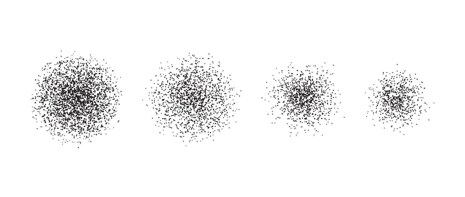 Stippled radial brush stroke set. Grain gradient circle collection. Grunge sprinkle spray texture. Dirty dust or sand noise round elements. Rough splashed stains spots pack. Splattered dots vector