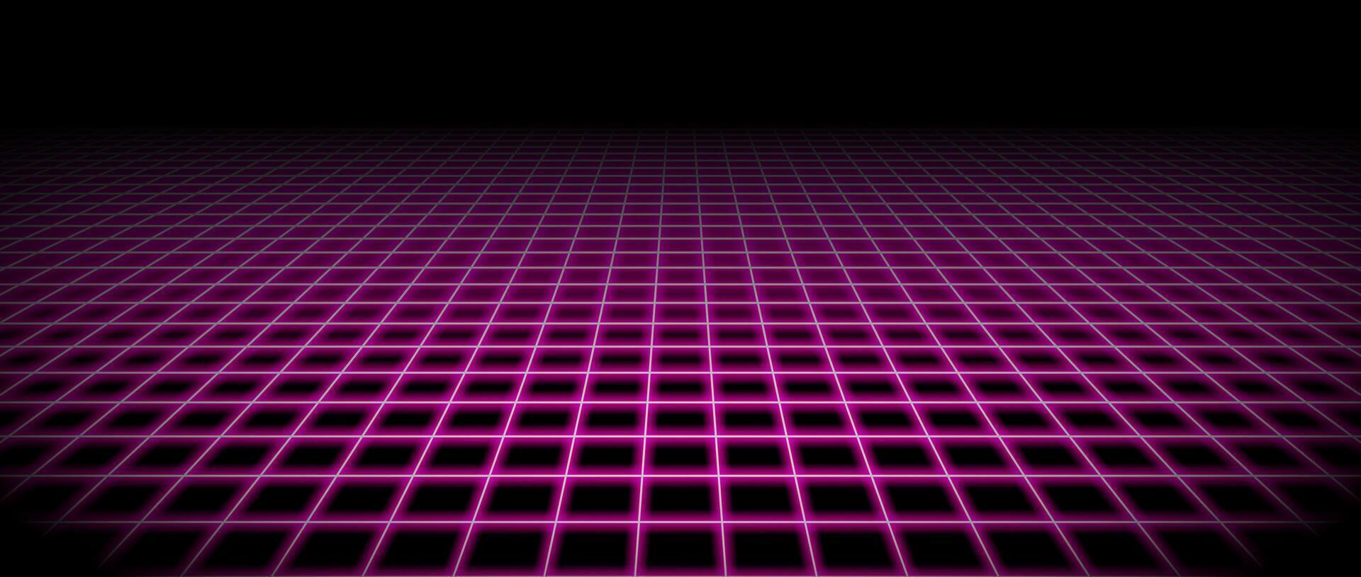 Glowing pink neon wireframe horizon background. Magenta grid room floor in perspective. Bright retro futuristic wallpaper. Abstract checkered plane landscape. Game cyber surface. vector