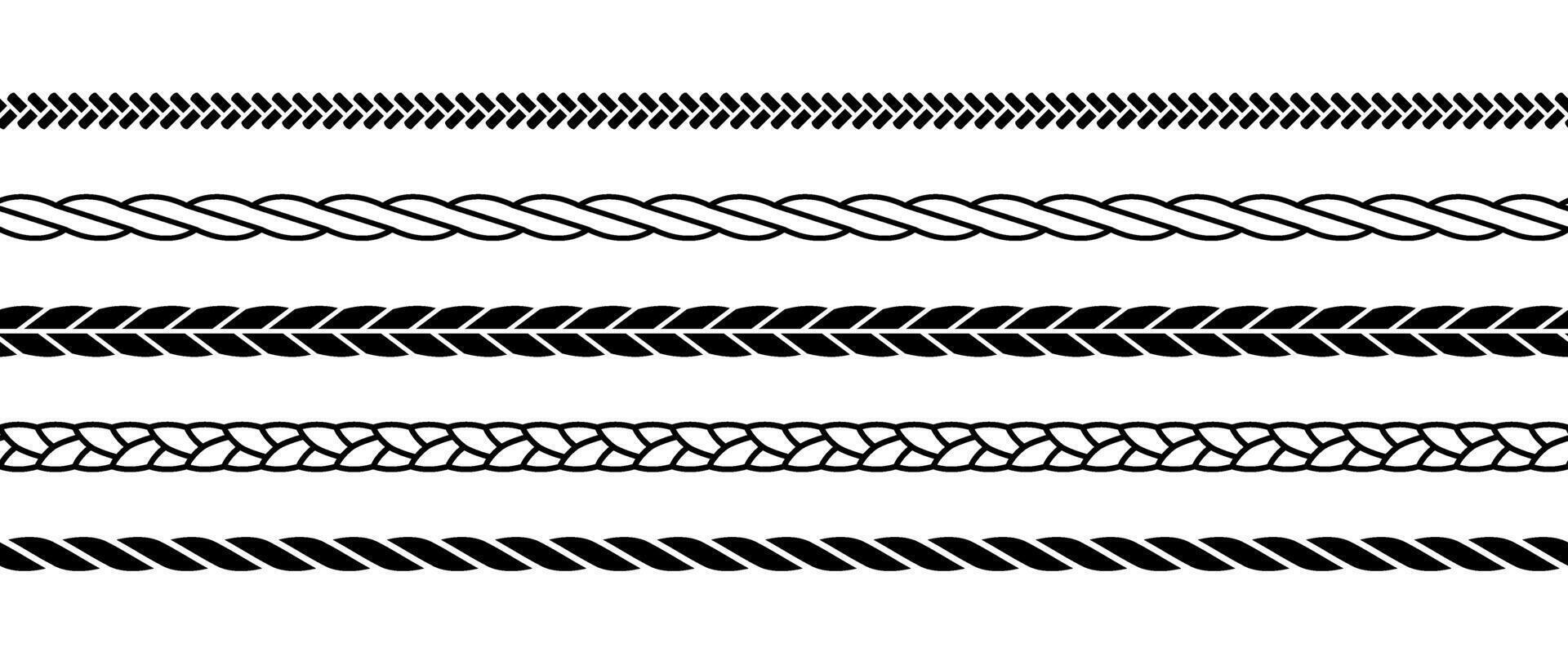 Repeating ropes set. Seamless hemp cord lines collection. Black outline chain, braid, plait stripes bundle. Horizontal decorative plait pattern. Twine design elements for banner, poster, frame vector