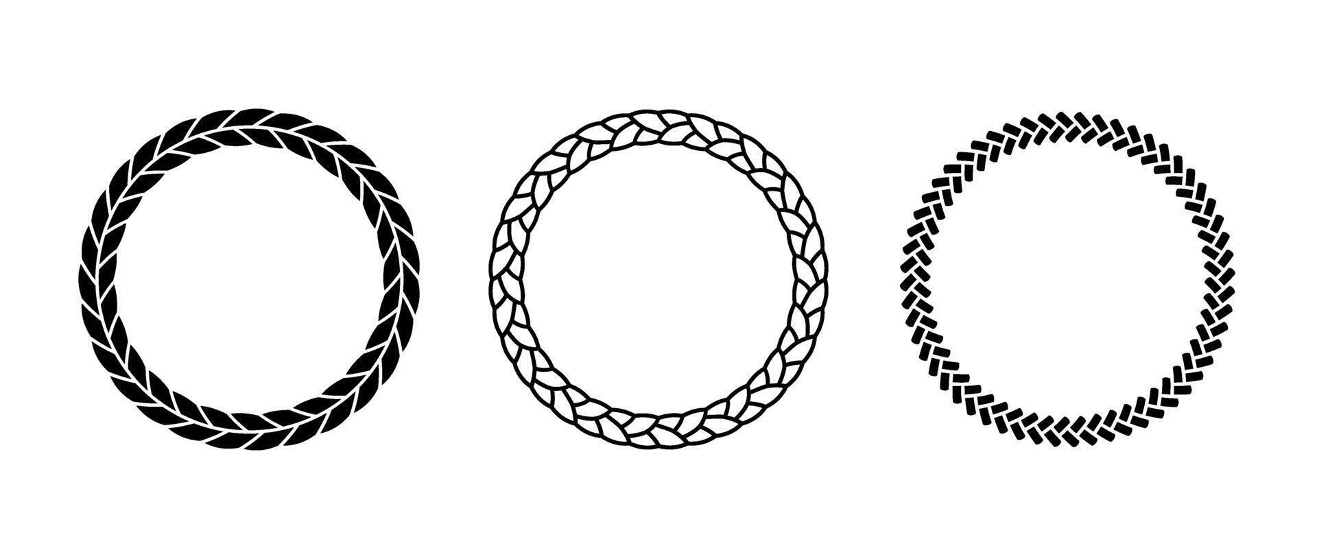 Set of rope frames. Round cord border collection. Circle rope wreath loop pack. Chain, braid, plait borders bundle. Circular design elements for decoration, banner, poster. Decorative frames vector