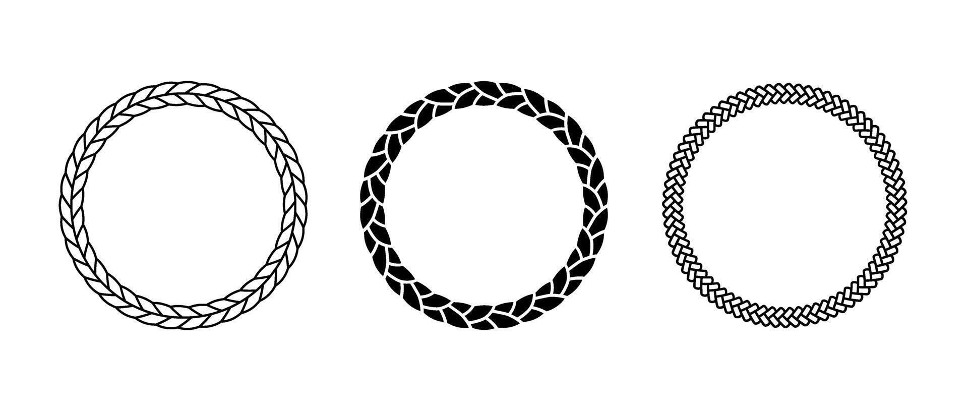 Ropes frame set. Round cord border collection. Circle rope wreath loop pack. Chain, braid, plait borders bundle. Circular design elements for decoration, banner, poster. Decorative frames vector