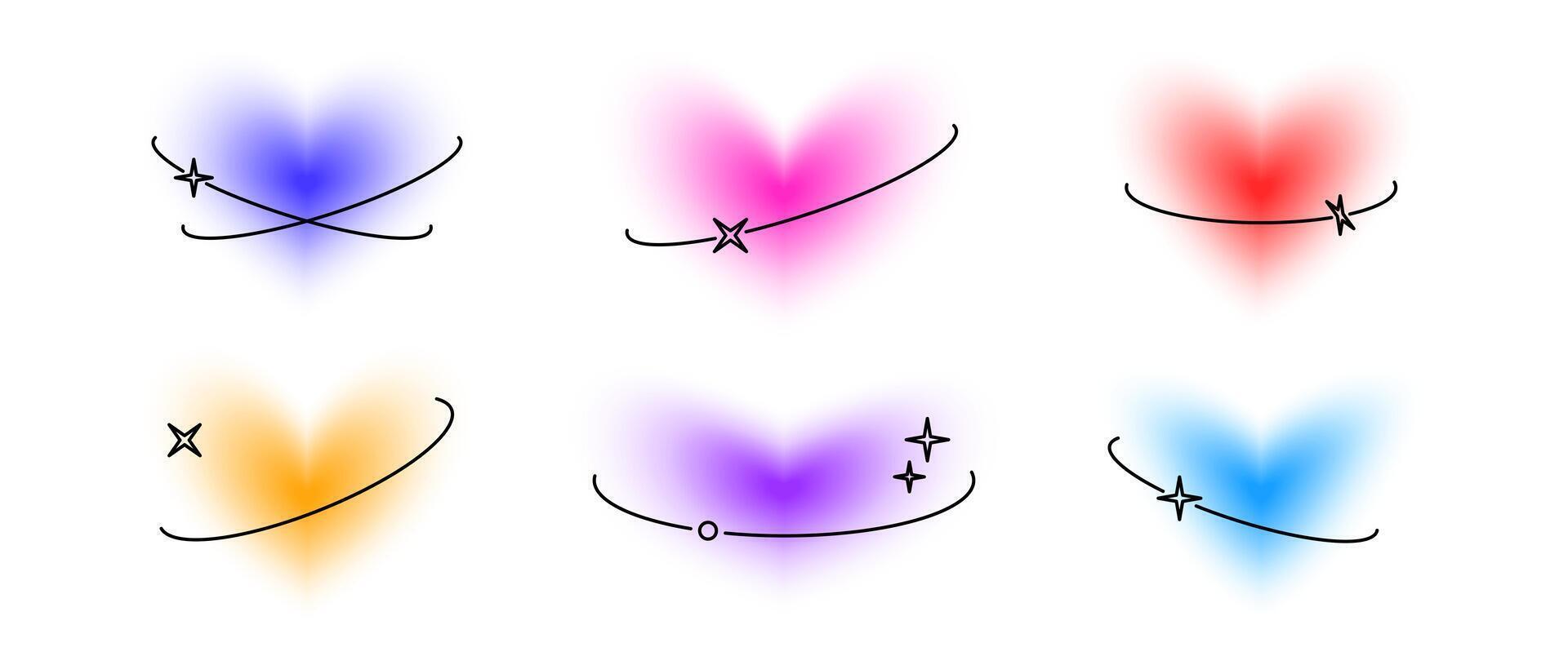Y2k hearts with eclipse line elements set. Colorful blurry aura shape collection. Blurred smooth gradient with oval orbits for logo, template, badge, sticker, collage, icon. Sparkle heart pack vector