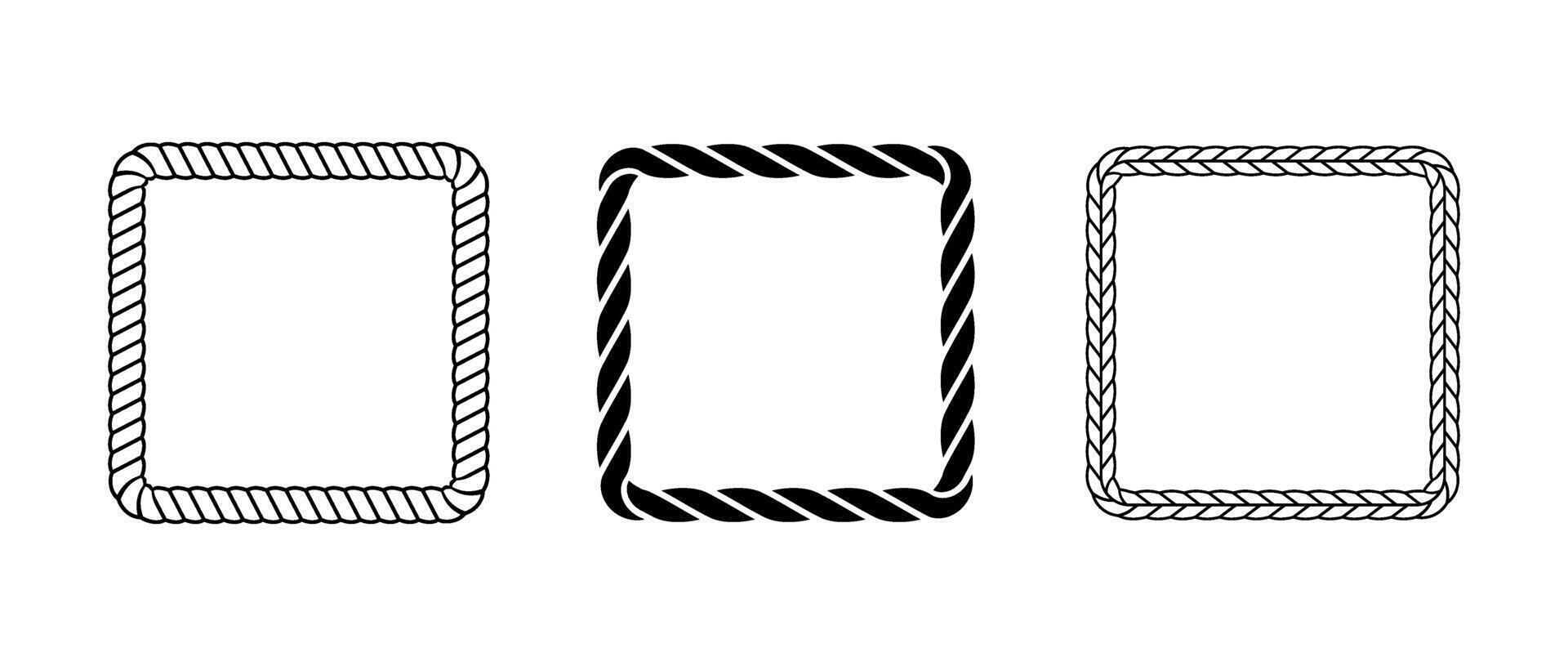 Rope frame set. Squared cord border collection. Rectangular rope loop pack. Chain, braid or plait border bundle. Square design elements for decoration, banner, poster. Decoration frames vector