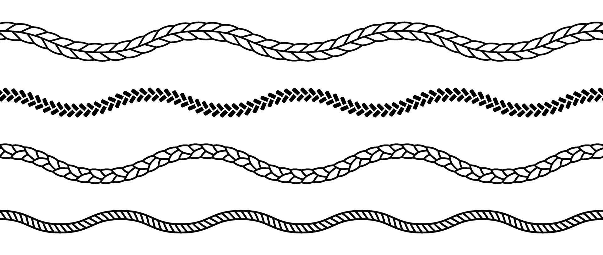 Set of rope waves. Repeating hemp cord stripes collection. Waving chain, braid, plait bundle. Seamless decorative plait pattern. Marine twine design elements for banner, poster, frame, border vector