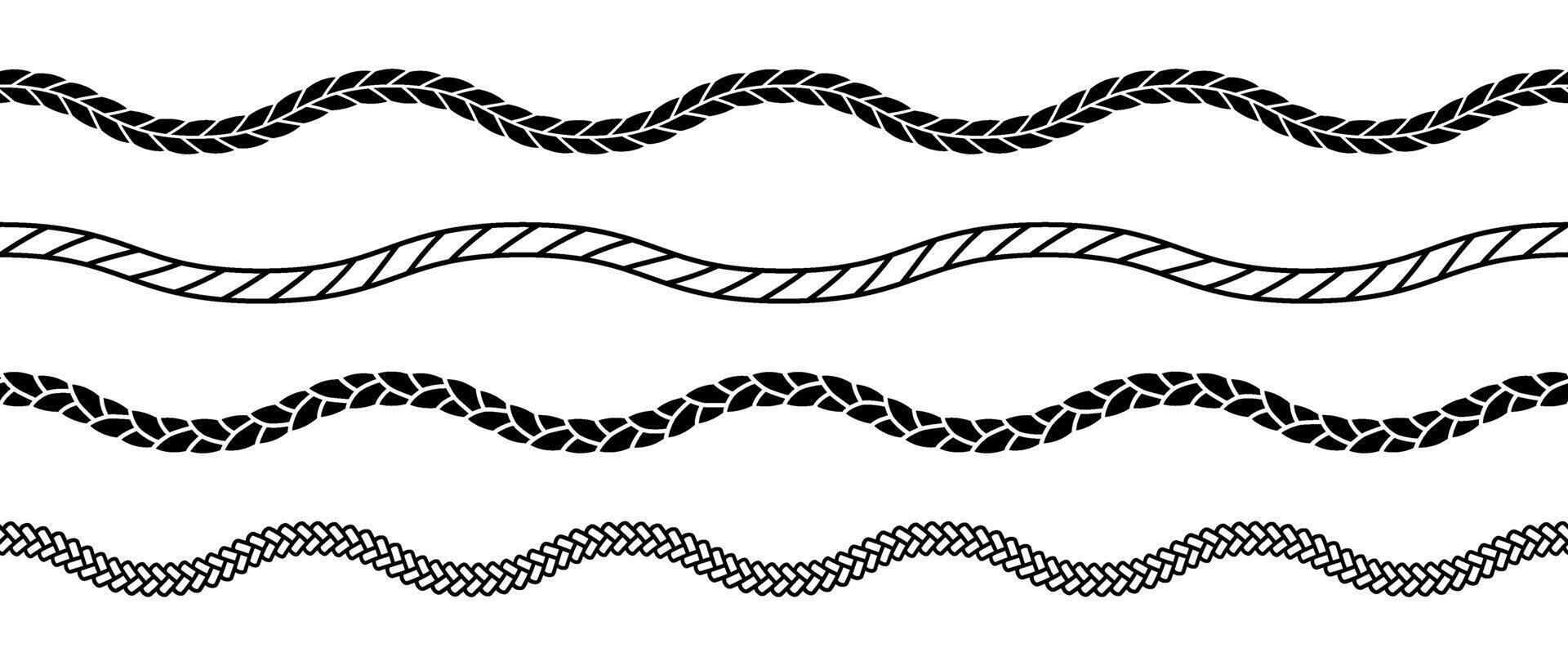 Set of rope waves. Repeating hemp cord stripes collection. Wavy chain, braid, plait bundle. Seamless decorative plait pattern. Marine twine design elements for banner, poster, frame, border vector