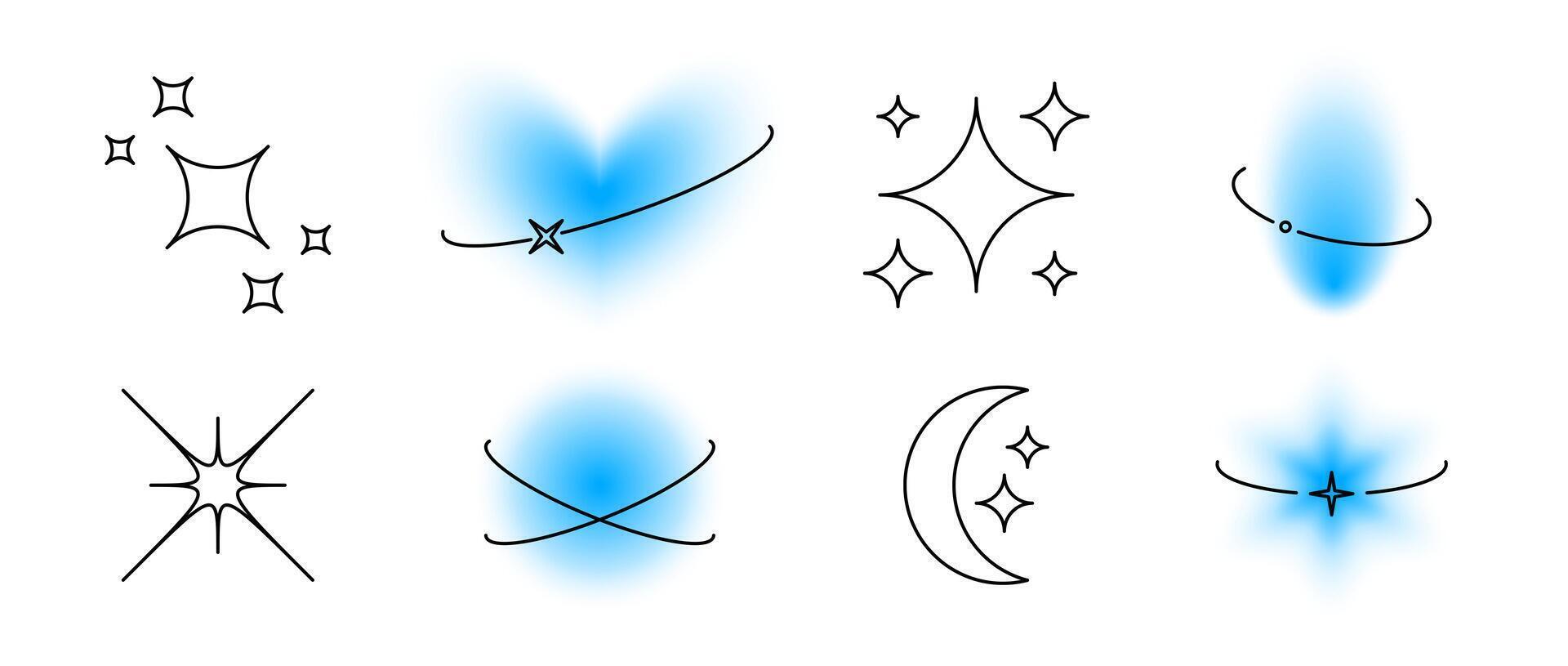 Y2k elements with eclipse lines set. Blurry aura shape and linear elements collection. Blurred smooth gradient with oval orbits for logo, template, badge, sticker, collage, icon. Sparkles pack vector
