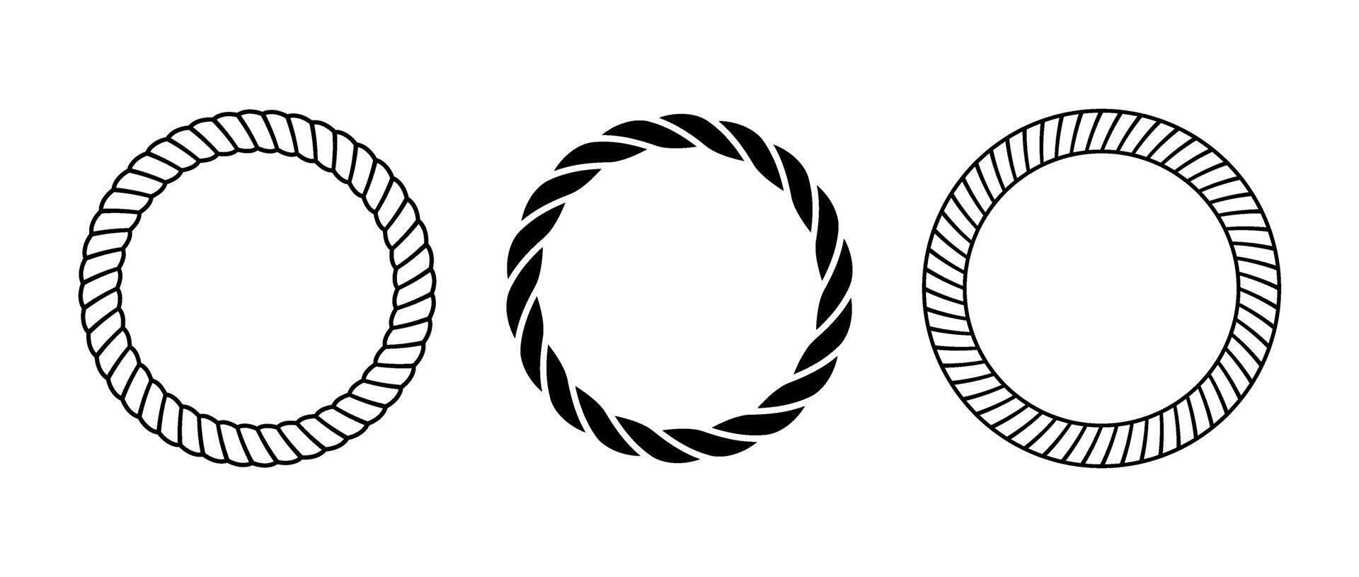 Rope frame set. Round cord border collection. Circle rope wreath loop. design, frame. Chain, braid or plait border bundle. Circular design elements for decoration, banner, poster. vector