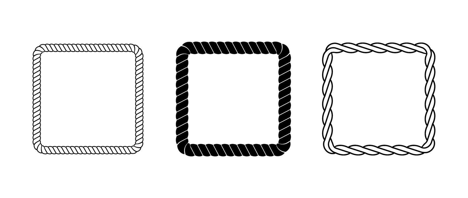 Set of rope frames. Squared cord border collection. Rectangular rope loop pack. Chain, braid or plait border bundle. Square design elements for decoration, banner, poster. Decoration frames vector