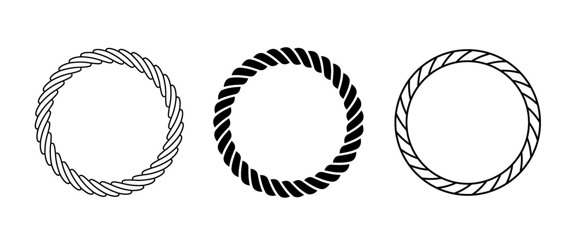 Rope frame set. Round cord border collection. Circle rope wreath loop pack. Chain, braid, plait border bundle. Circular design elements for decoration, banner, poster. Decorative frames vector
