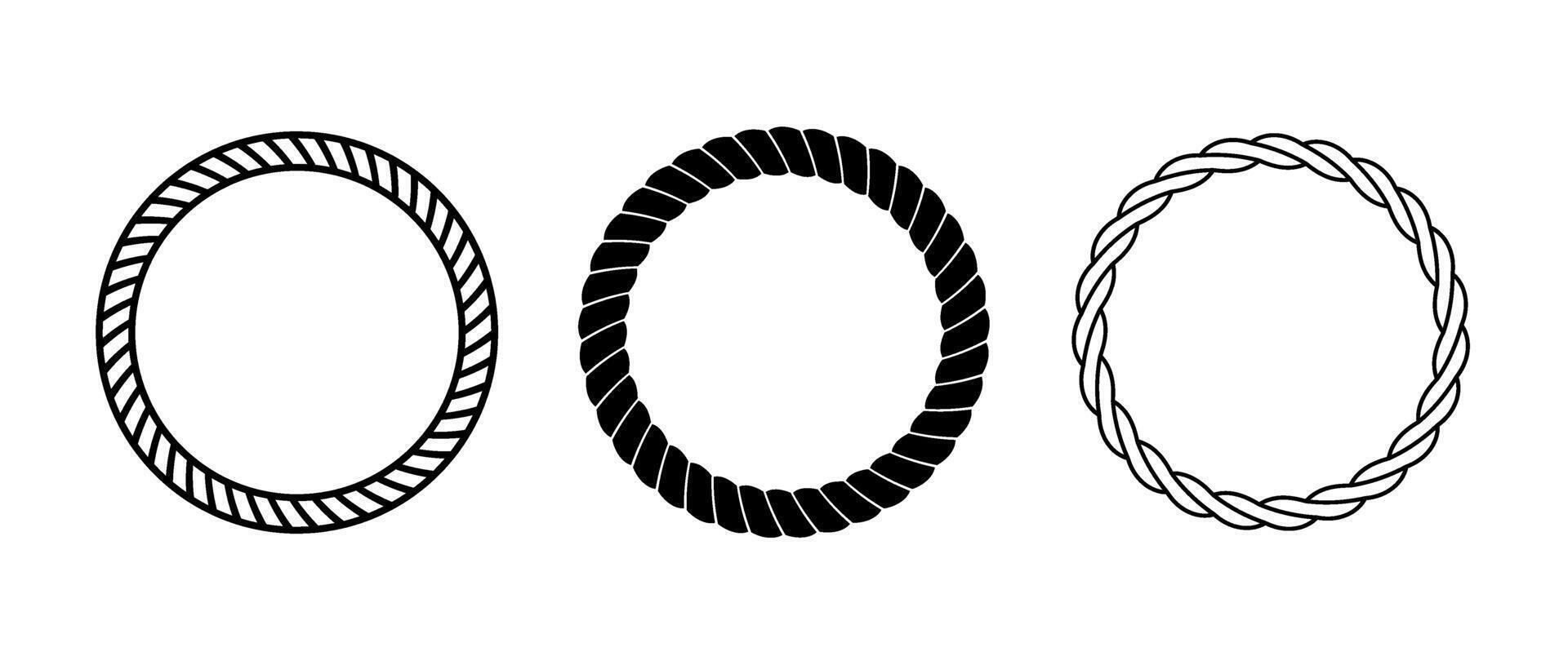 Rope frame set. Round cord border collection. Circle rope wreath loop pack. Chain, braid or plait border bundle. Circular design elements for decoration, banner, poster. Decoration frames vector