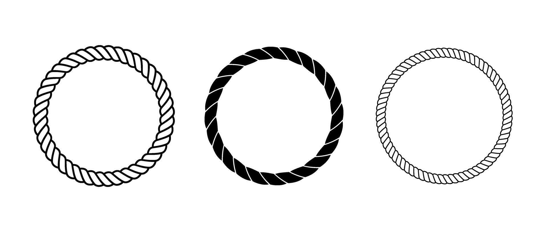 Rope frame set. Round cord borders collection. Circle rope wreath loop pack. Chain, braid, plait border bundle. Circular design elements for banner, poster, leaflet, brochure. Decorative frames vector