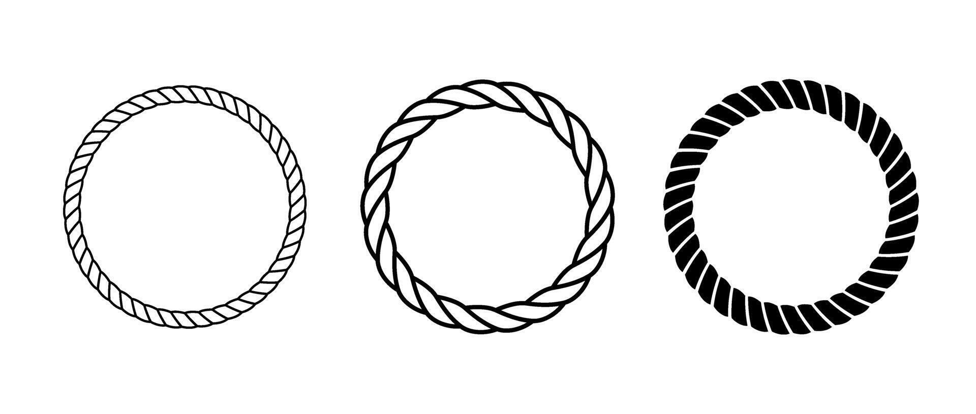 Rope frames set. Round cord borders collection. Circle rope wreath loop frames. Chain, braid or plait border bundle. Circular design elements for decoration, banner, poster. vector