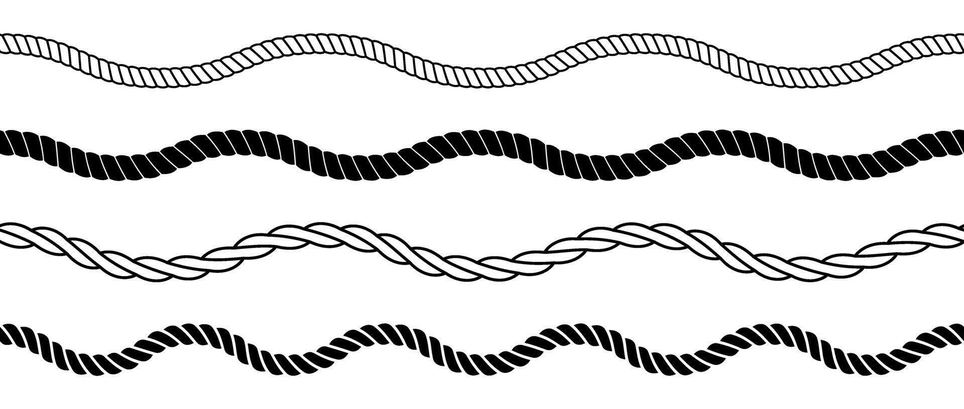 Wave rope set. Repeating hemp cord line collection. Waving chain, braid, plait stripe bundle. Seamless decorative plait pattern. Marine twine design elements for banner, poster, frame vector