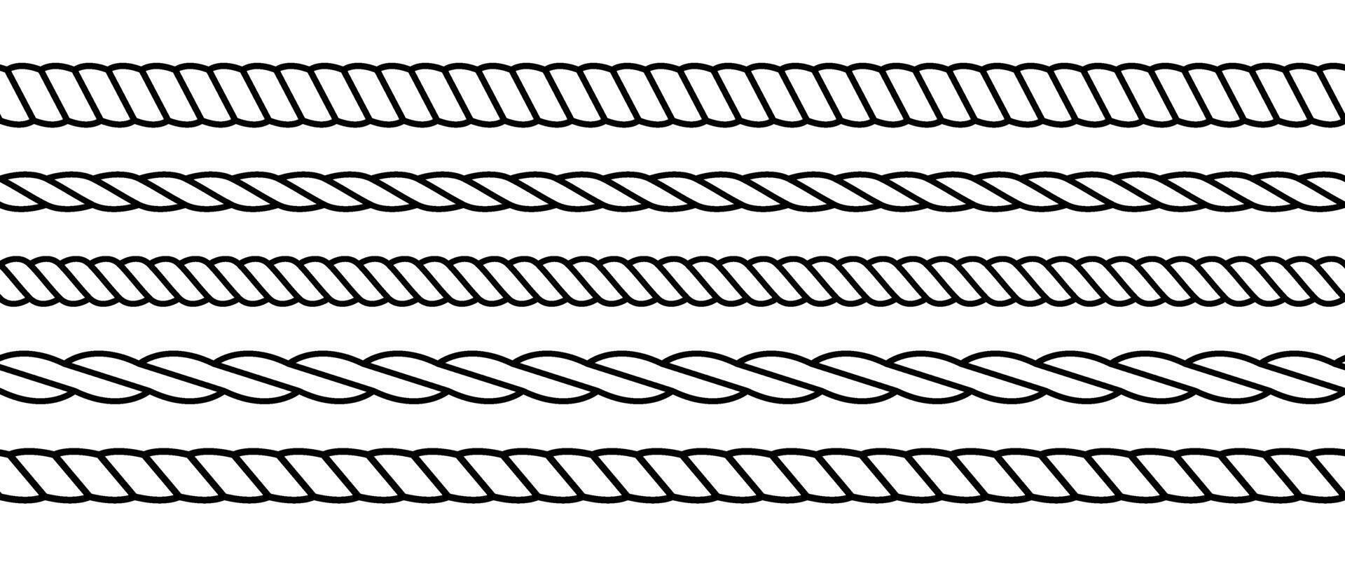 Repeating rope set. Seamless hemp cord line collection. Outline chain, braid, plait stripe bundle. Horizontal decorative plait pattern. Marine twine design elements for banner, poster, frame vector
