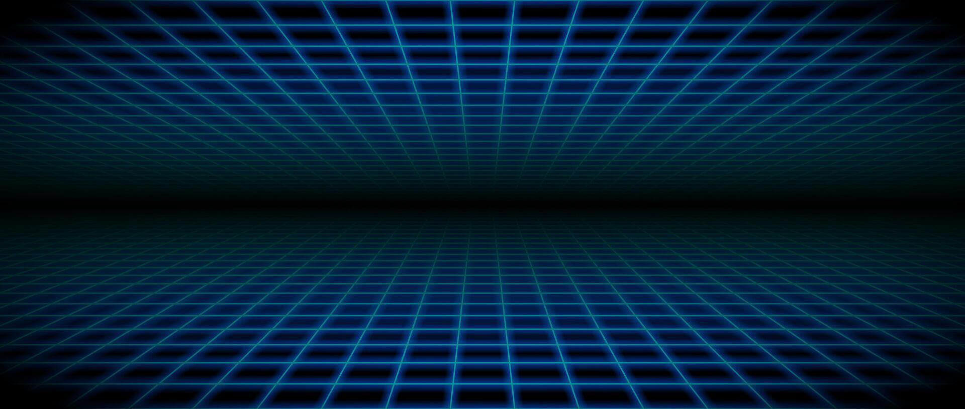 Glowing neon wireframe room background. Blue grid room floor and ceiling in perspective. Bright retro futuristic wallpaper. Abstract checkered plane landscape. Game horizon surface. vector