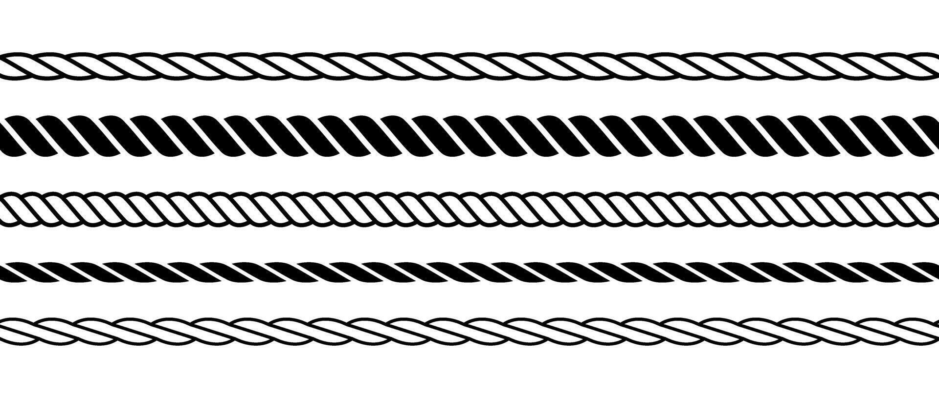 Set of repeating rope pattern. Seamless hemp cord line collection. Chain, braid, plait stripes bundle. Horizontal decorative plait motif. Marine twine design elements for banner, poster, frame vector