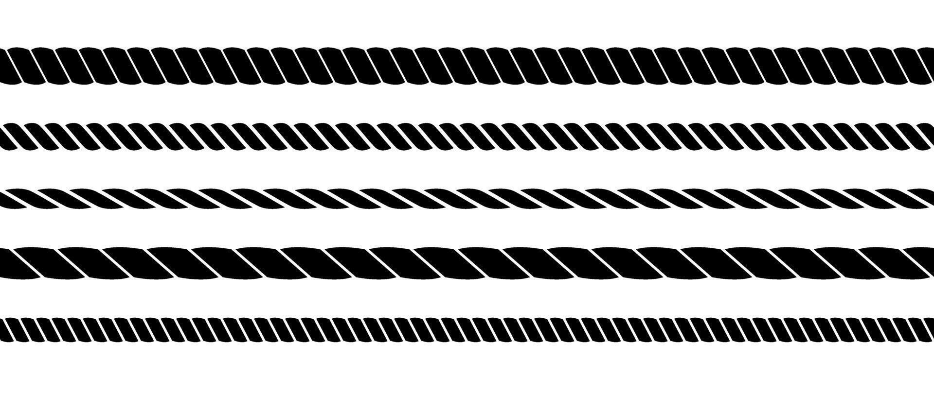 Repeating rope set. Seamless hemp cord lines collection. Black chain, braid, plait stripes bundle. Horizontal decorative plait pattern. Marine twine design elements for banner, poster, frame vector