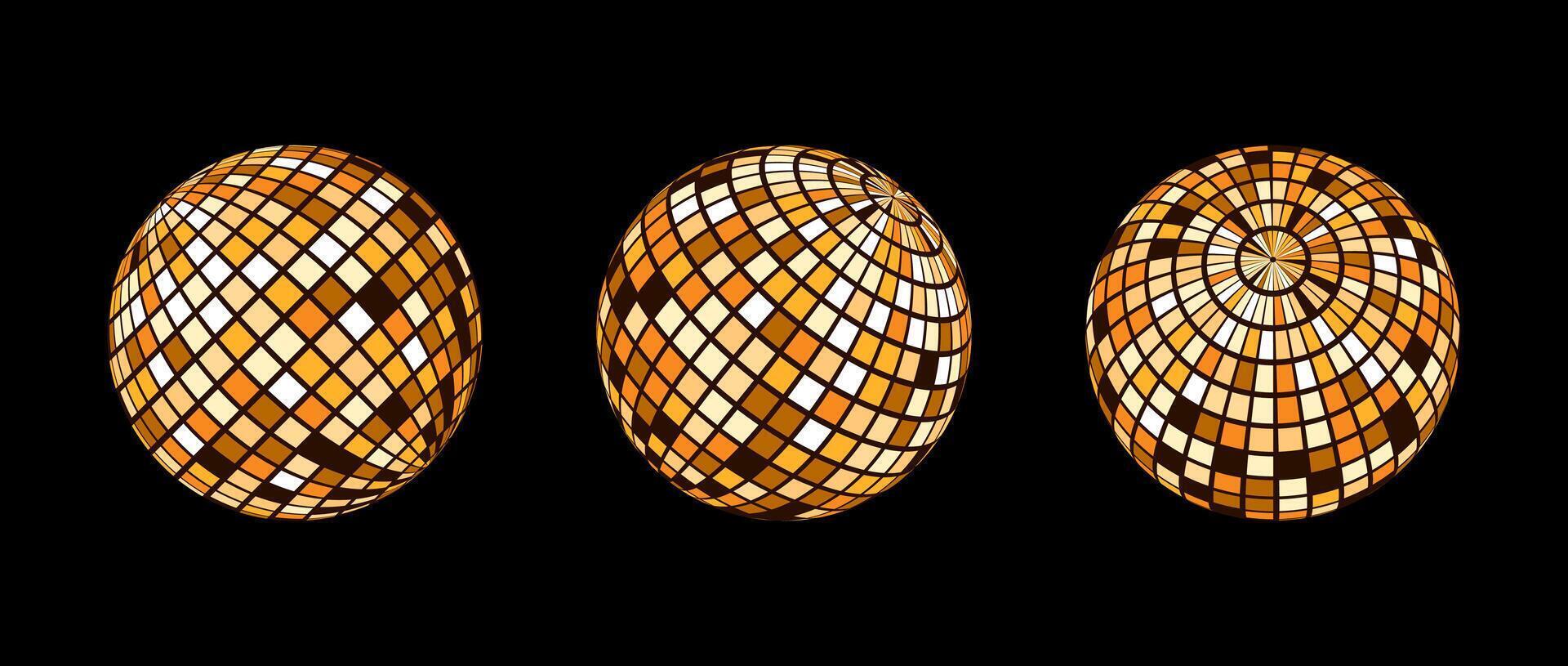 Orange disco ball set. Collection of wireframe spheres in different angles. Grid globe or checkered ball bundle. Gold mirrorball element pack for poster, banner, music cover, party. vector