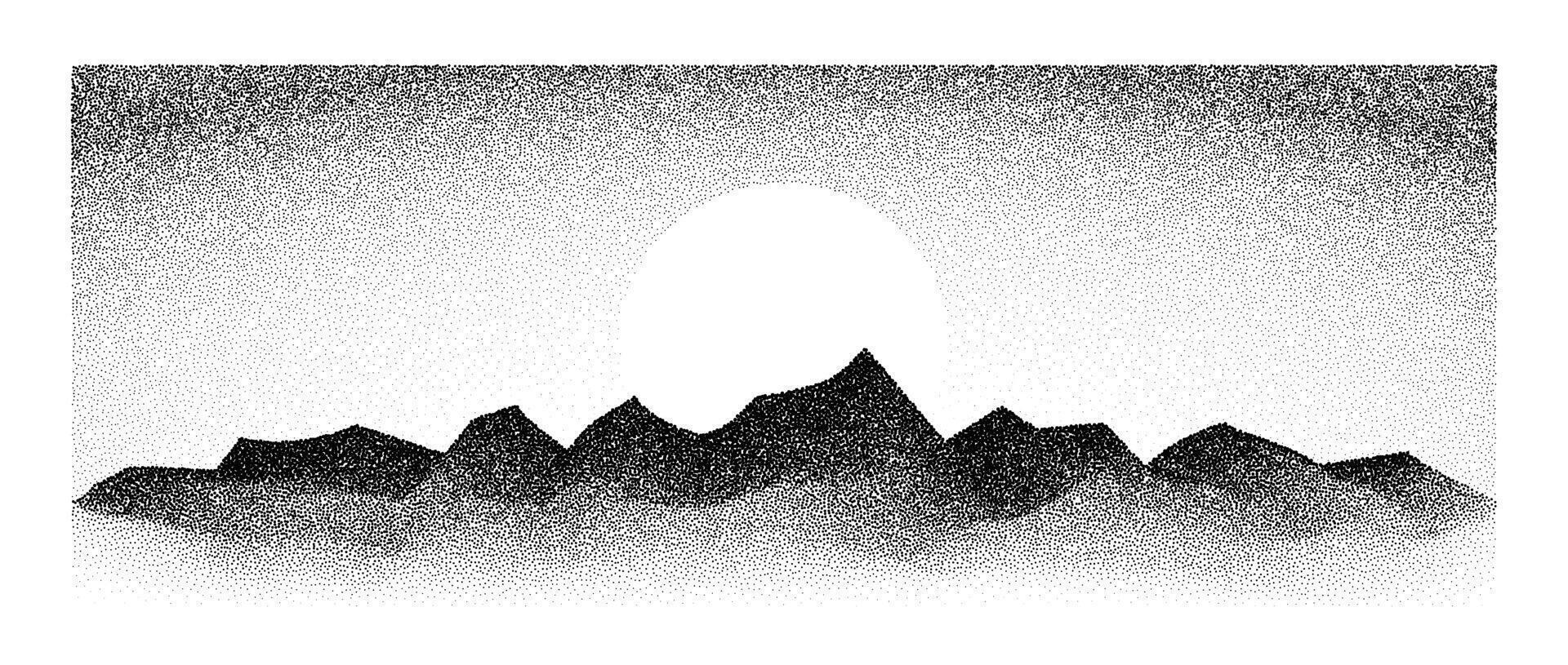 Grain stipple mountain range. Dotted landscape terrain silhouette. Black white grainy hills chain. Grunge noise stochastic background. Pointillism texture wallpaper. Dot work style illustration vector