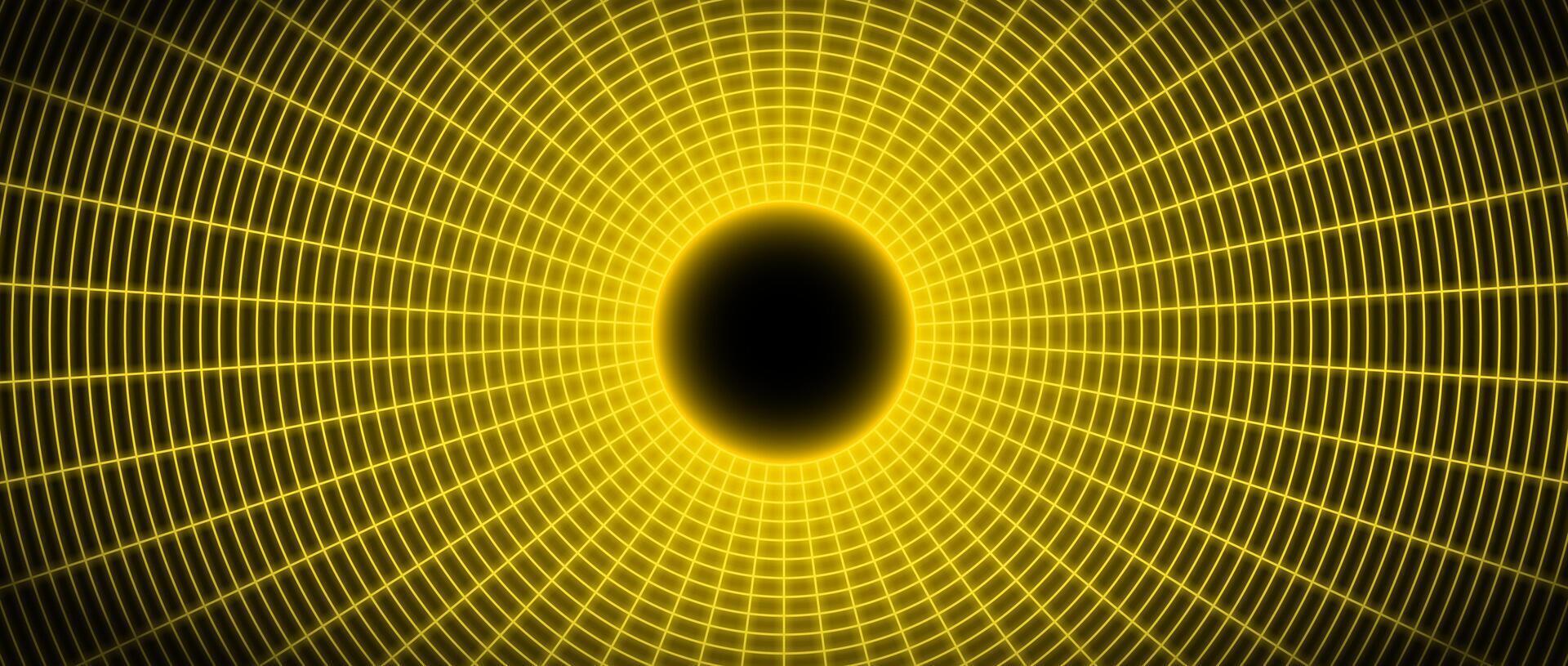 Yellow glowing wireframe tunnel. Neon gold wormhole in dark space. Grid tunnel in perspective. Funnel or portal illusion. Circular mesh structure tube. Optical illusion art vector
