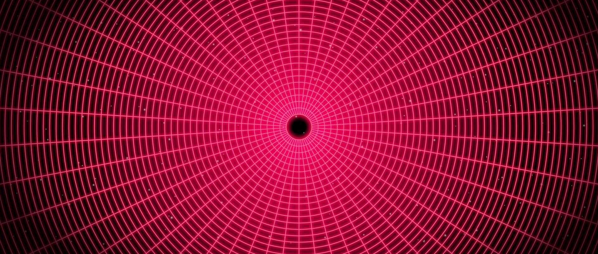 Red glowing wireframe tunnel. Neon wormhole in dark space. Grid tunnel in perspective. Funnel or portal illusion. Circular mesh structure tube. Optical illusion art vector