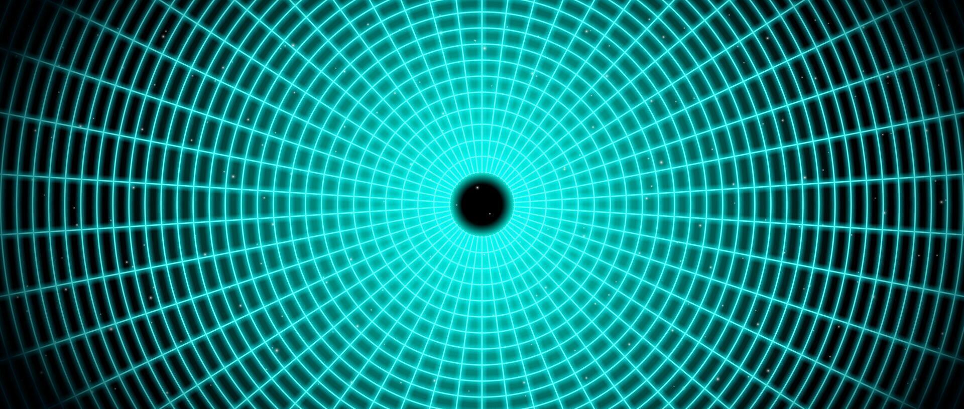 Neon blue glowing wireframe tunnel. Turquoise wormhole in deep space with stars. Grid tunnel in perspective. Funnel or portal illusion. Circular mesh structure tube. Optical art illustration vector