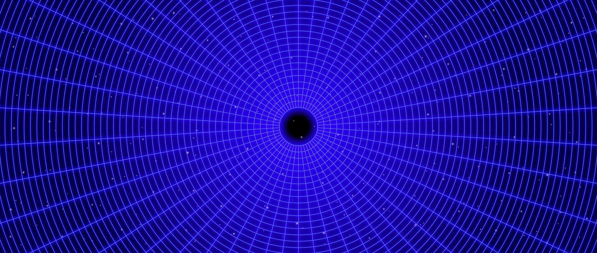 Dark blue glowing wireframe tunnel. Neon wormhole in deep space with stars. Grid tunnel in perspective. Funnel or portal illusion. Circular mesh structure tube. Optical illusion illustration vector