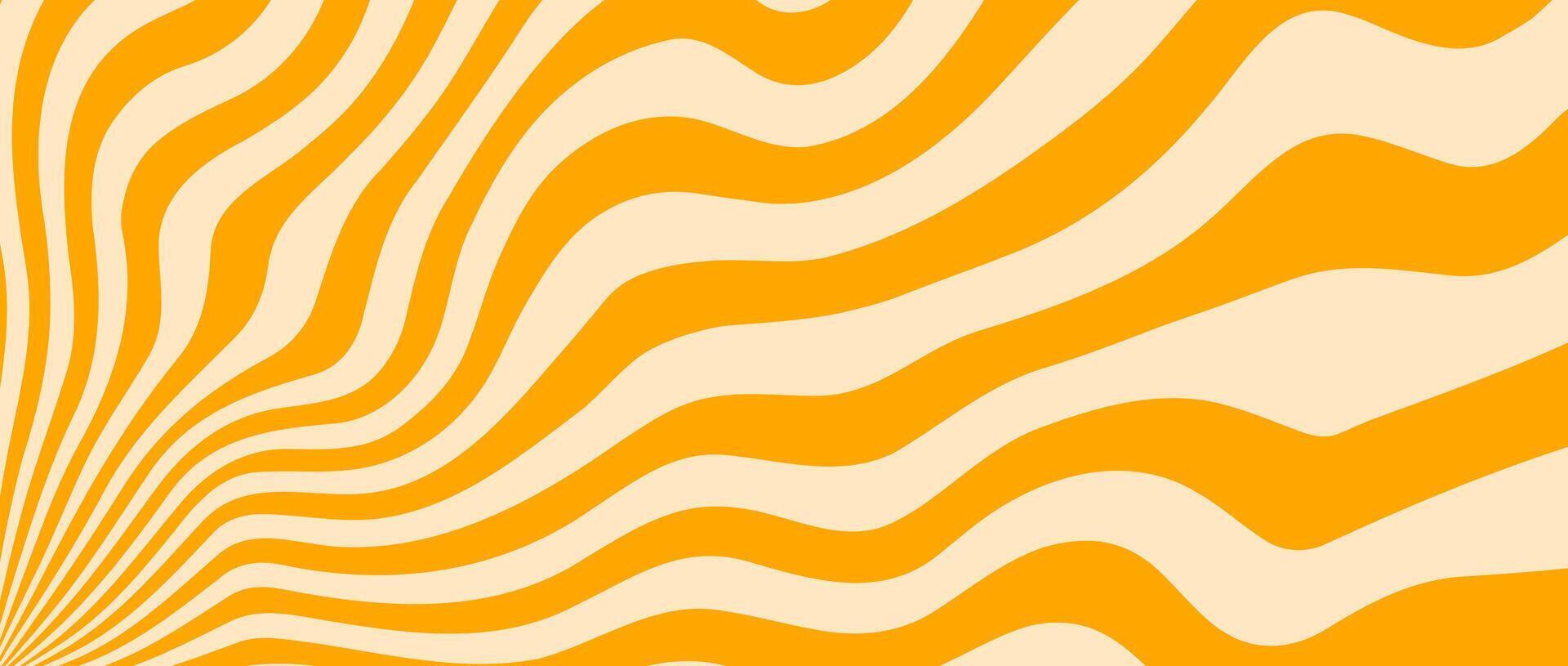 Orange trippy burst lines background. Psychedelic wavy stripes wallpaper. Groovy twisted sunburst swirl. Distorted curly wave texture design for poster, banner, flyer, cover. vector