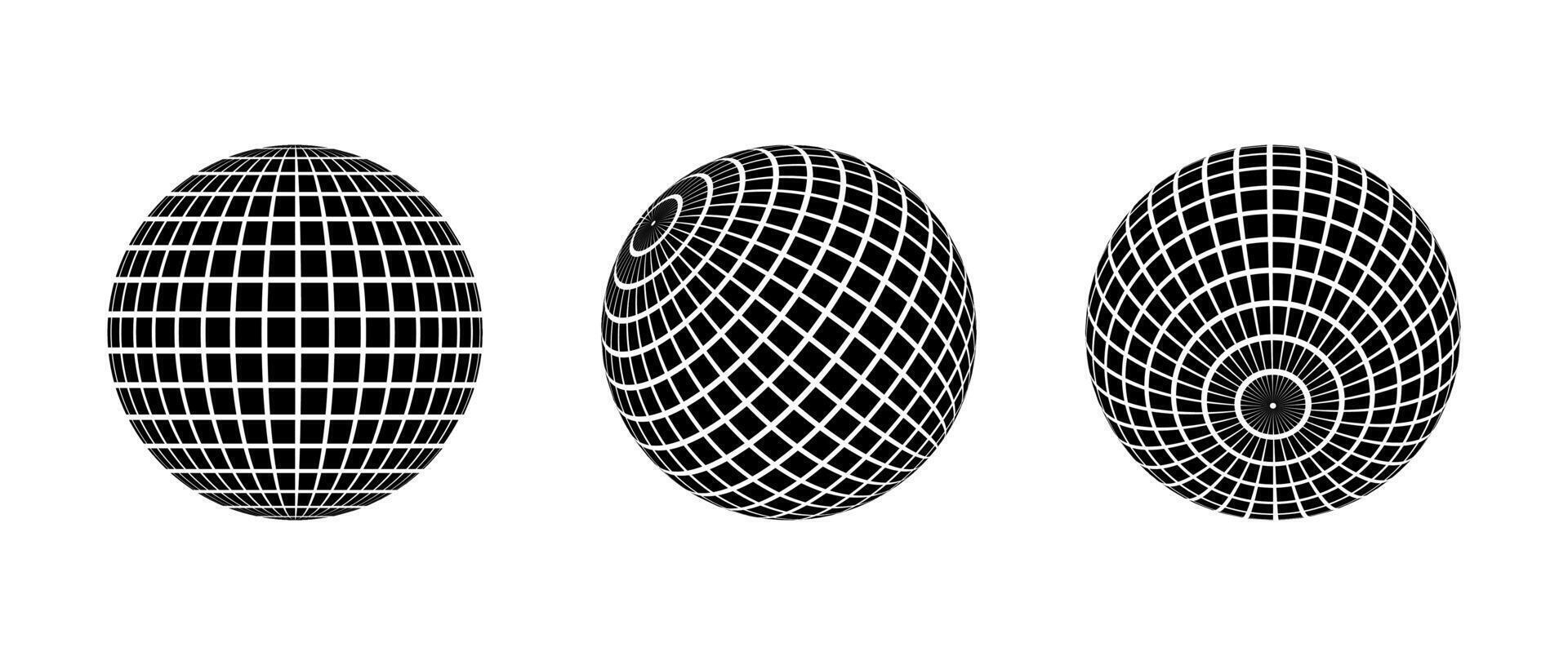 Black disco ball set. Collection of wireframe spheres in different angles. Grid globe or checkered ball bundle. Mirrorball element pack for poster, banner, music cover, party. vector