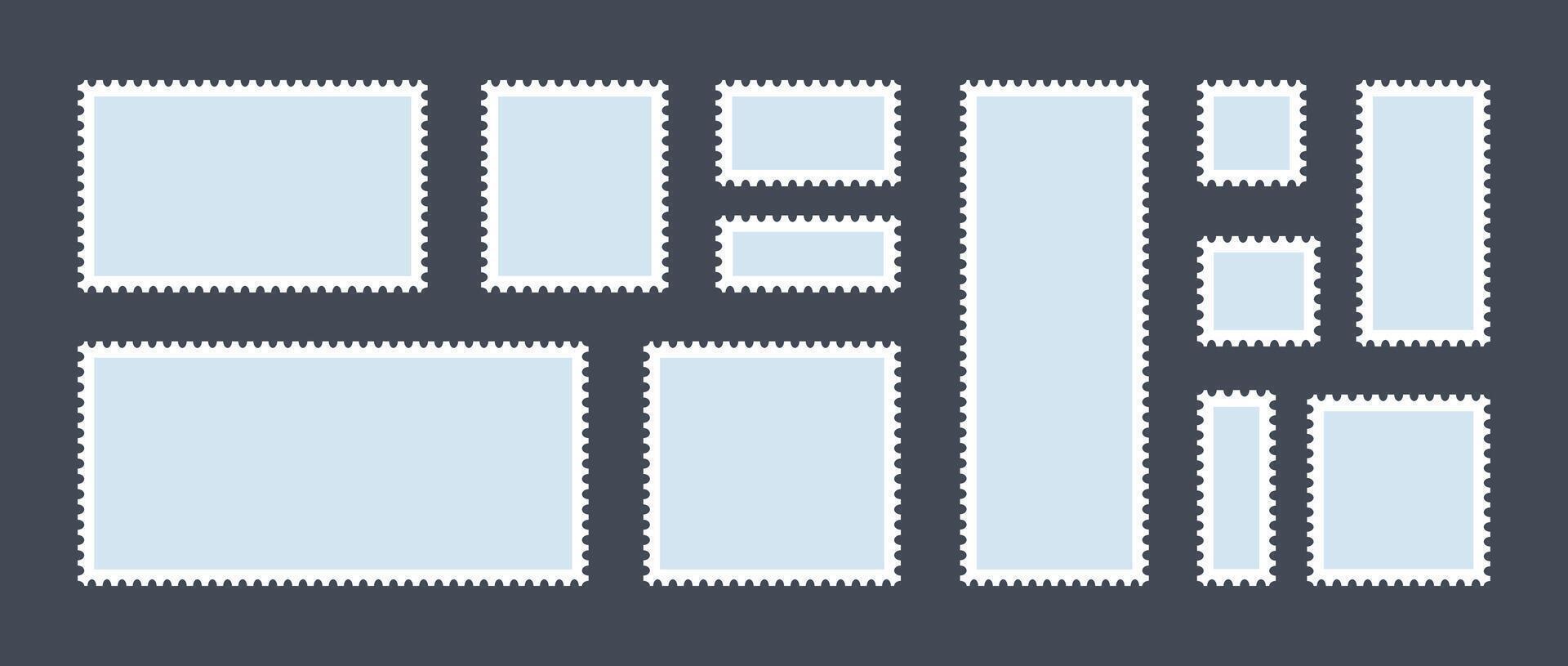 Postage stamp set. Post stamp frame or border. Grey blue square and rectangular template for mail, postcard, letter. Jagged wavy edge forms. Vintage objects for poster, banner, badge, sticker. vector