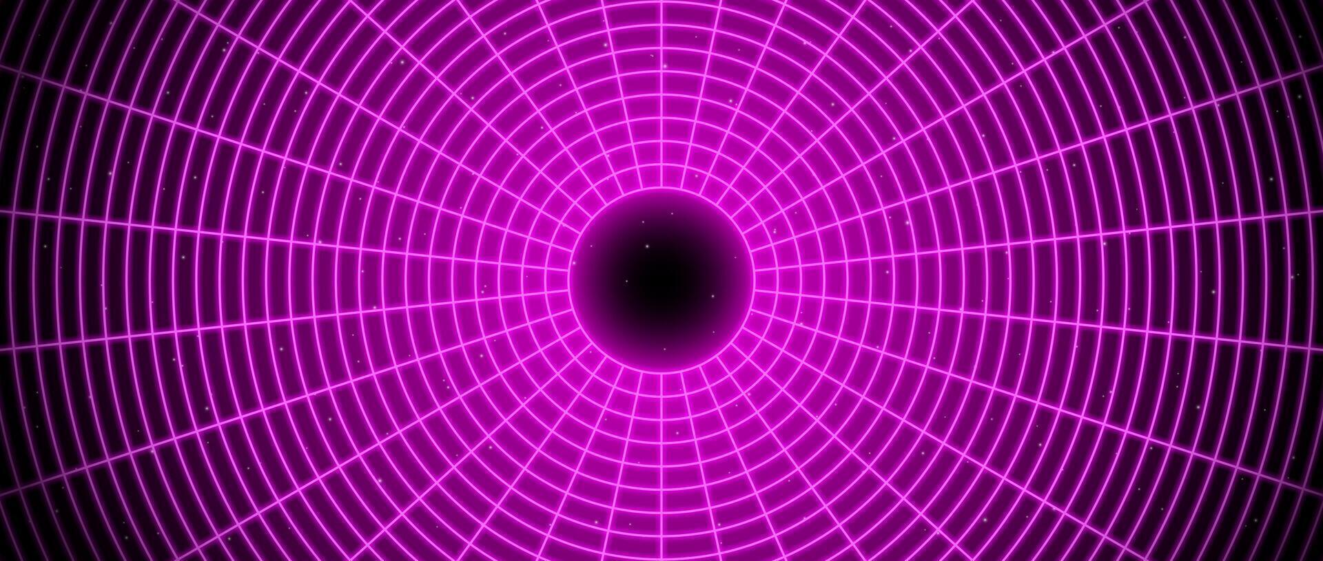 Pink glowing wireframe tunnel. Neon wormhole in dark space with stars. Magenta grid tunnel in perspective. Funnel or portal illusion. Circular mesh structure tube. Optical illusion art vector