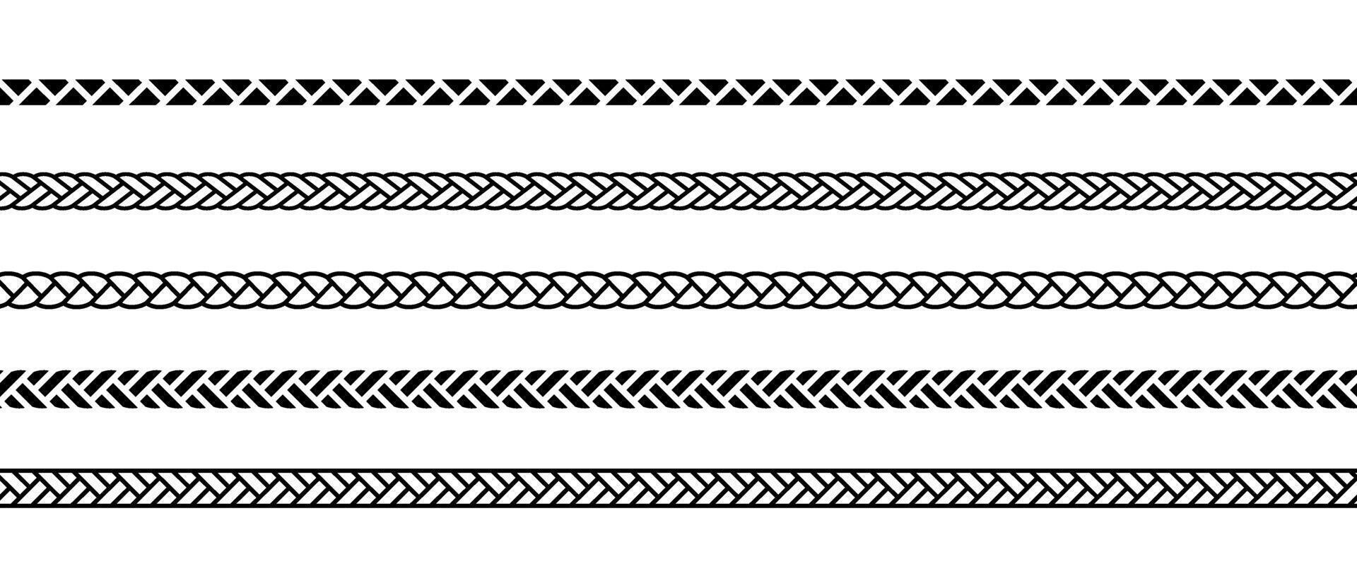 Set of repeating ropes. Seamless hemp cord line collection. Black outline chain, braid, plait stripe bundle. Horizontal decorative braid pattern. Twine design elements for banner, poster, frame vector