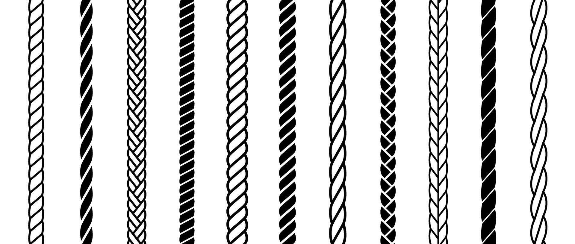 Repeating rope set. Seamless hemp cord line collection. Black chain, braid, plait stripe bundle. Vertical decorative plait pattern. Marine twine design elements for banner, poster, frame, decor vector