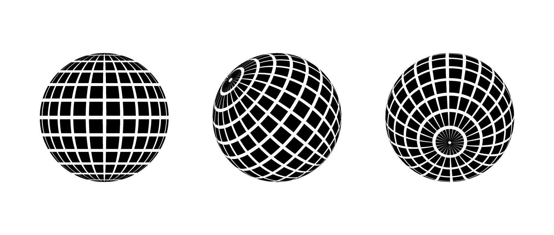 Black disco ball set. Collection of wireframe spheres in different angles. Grid globe or planet bundle. Outline mirrorball element pack for poster, banner, music cover, party. vector