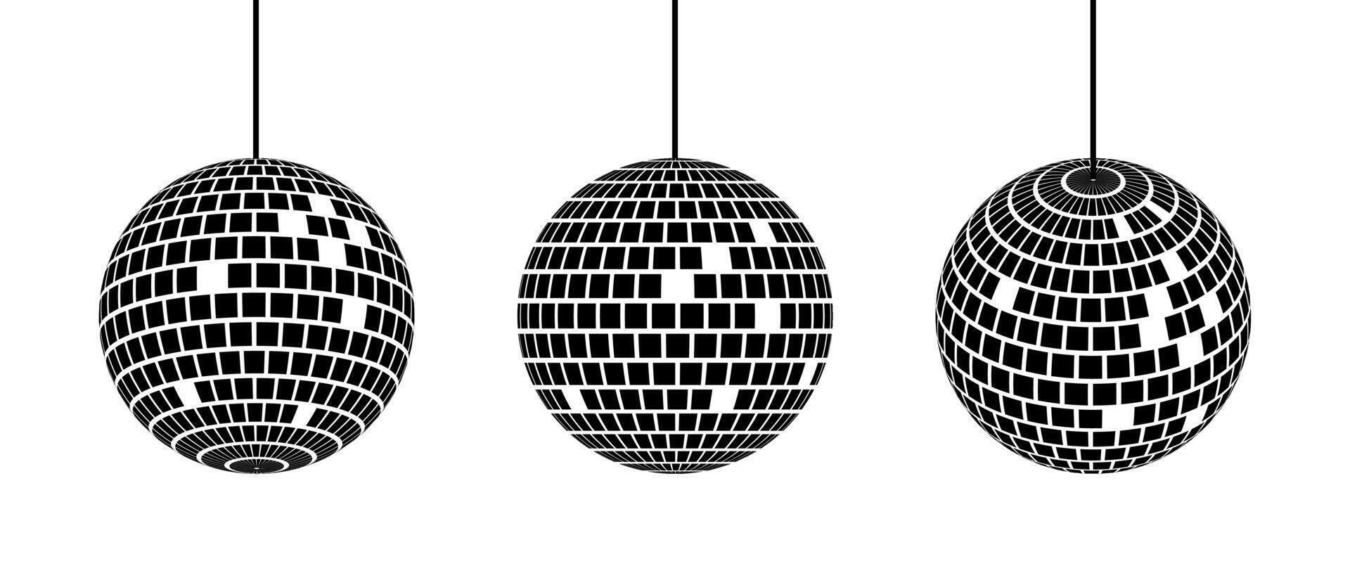 Black disco ball set. Collection of shining spheres in different angles. Turning music globes or planet bundle. Sparkling Mirror ball elements pack for poster, banner, music cover, party. vector