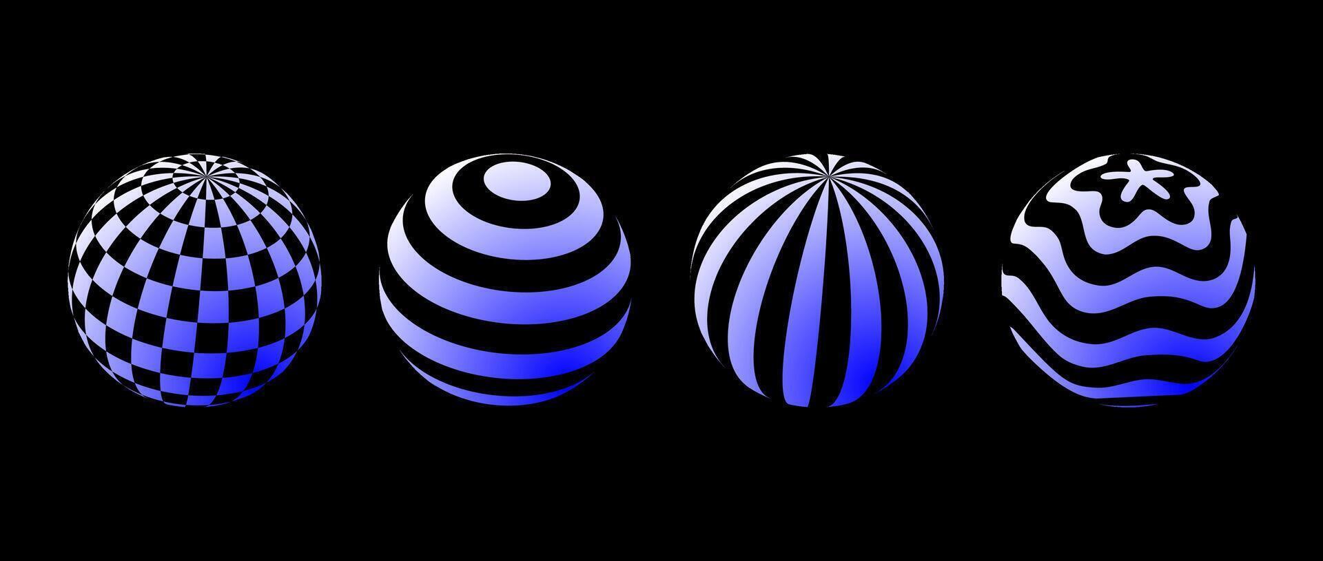Collection of spheres with different patterns. Striped, checkered and waved 3d balls set. White and blue geometric elements for design template, icon, logo, banner, poster. Abstract globes pack vector