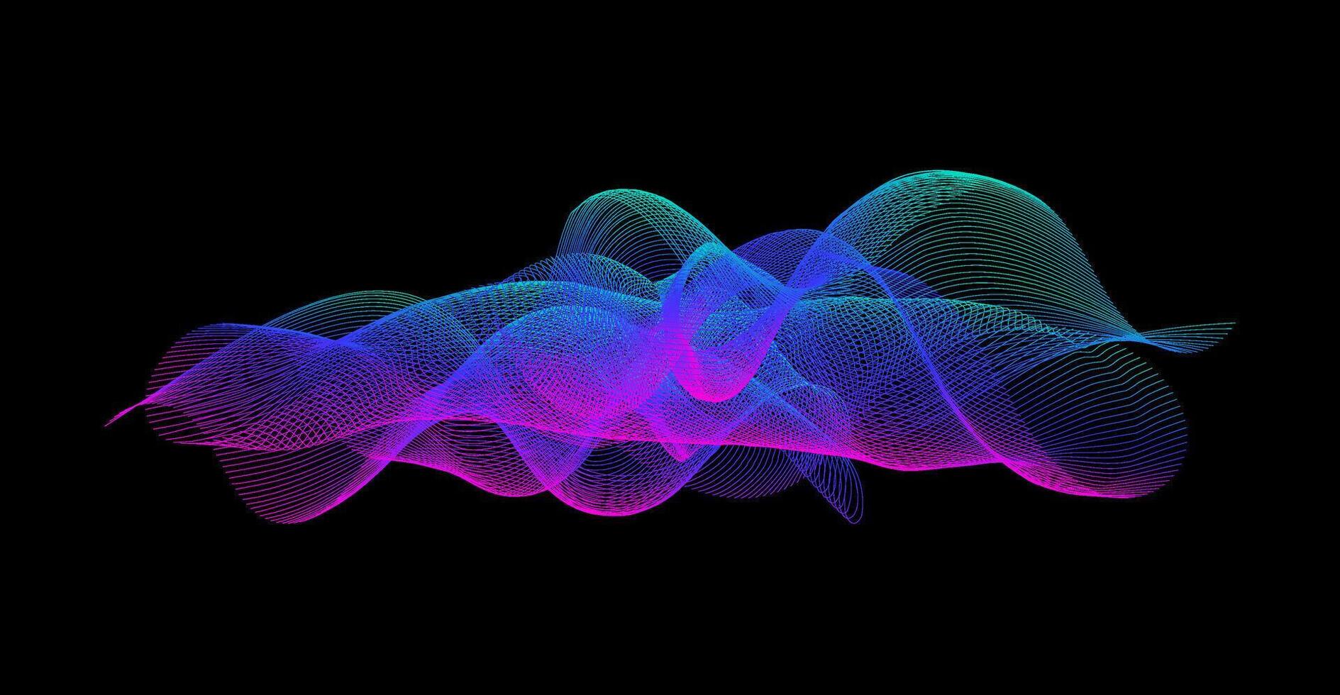 Gradient wavy line blend form. Abstract purple blue green flowing lines design element. Dynamic neon wave smoky shape. Sound waves or ai illustration concept. Curved pattern background vector