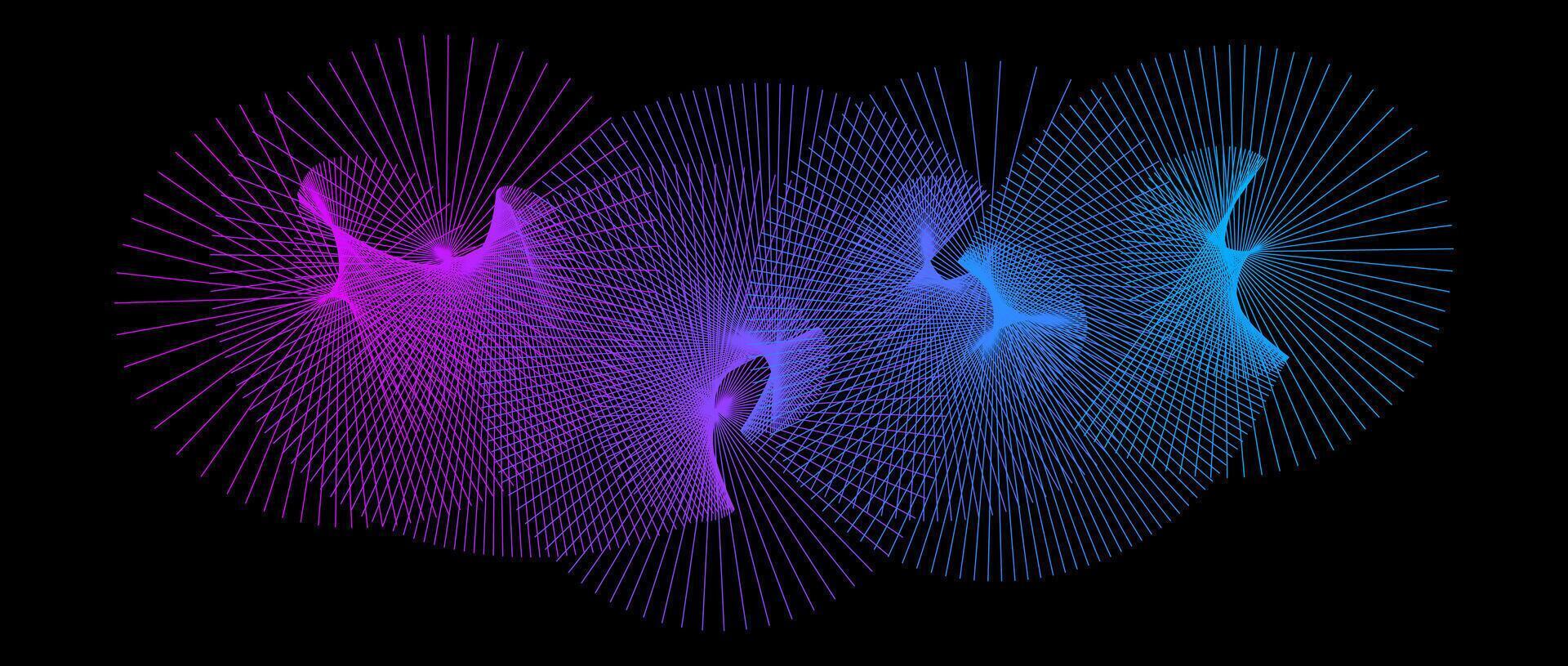 Neon radiating spiral shape pattern. Abstract spreading rotating lines. Blue purple spinning circle on black background. Futuristic cloud concept. Digital aurora and moire effect. vector