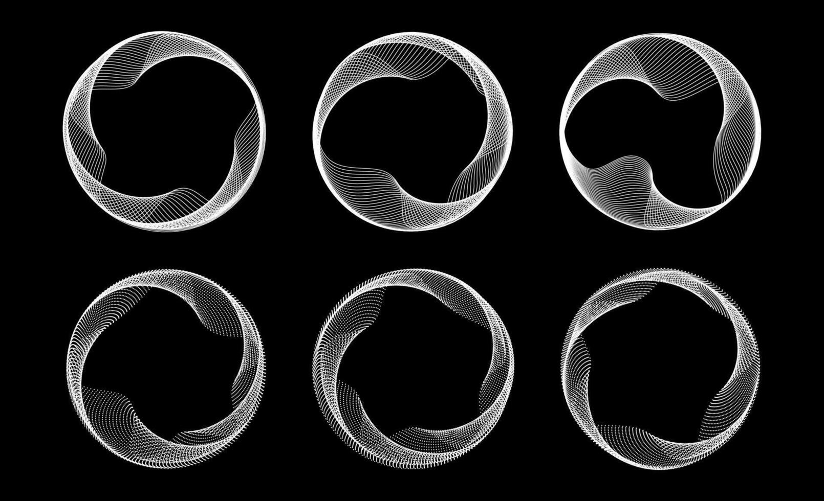 Blend dotted and lined circle frames set. Black white round border collection. Curved wave dot and linear circles on black background. Circular tech border pack. Design element bundle vector