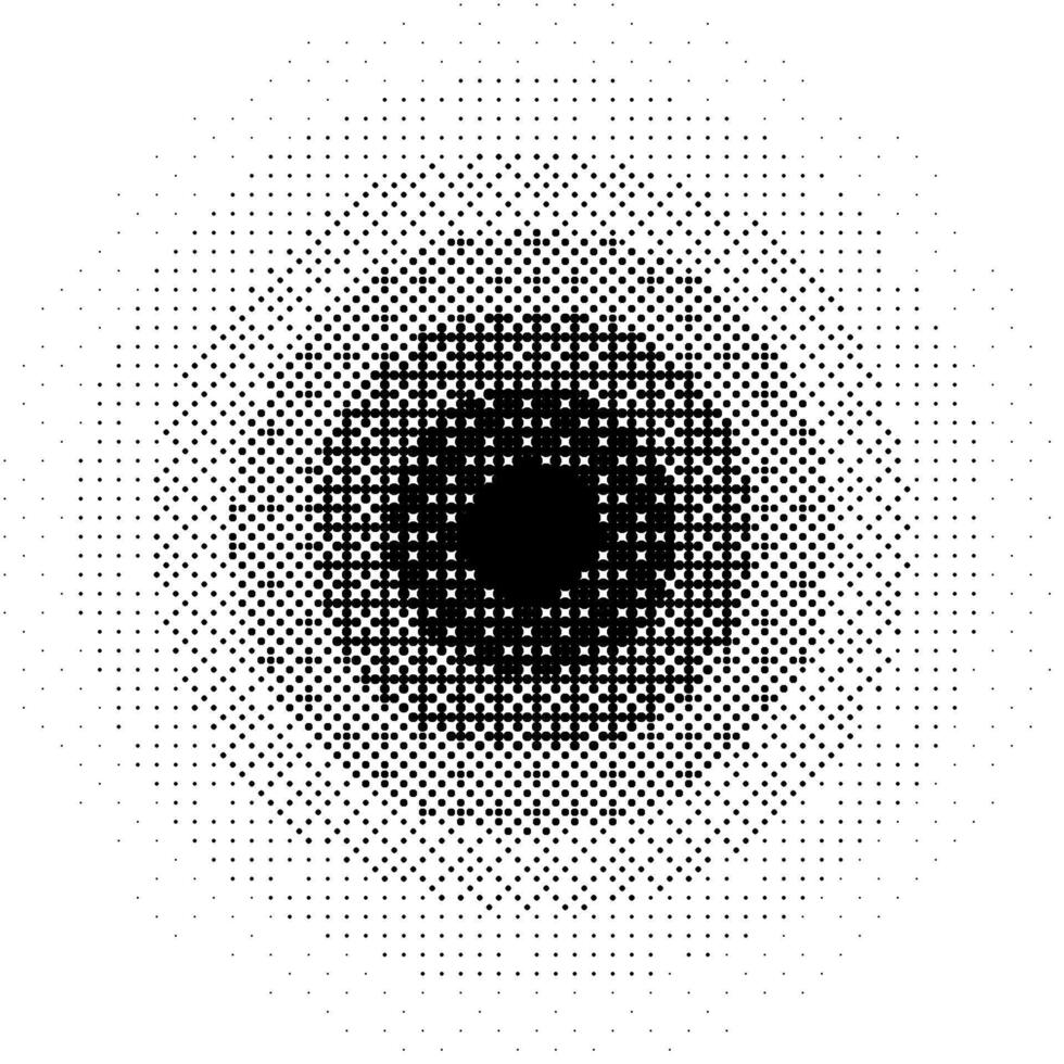Radial pixelated gradient shape. Black dithered round gradation texture. Retro circle bitmap game background. Halftone 8 bit wallpaper. Vintage circular pixel art element. Overlay backdrop vector