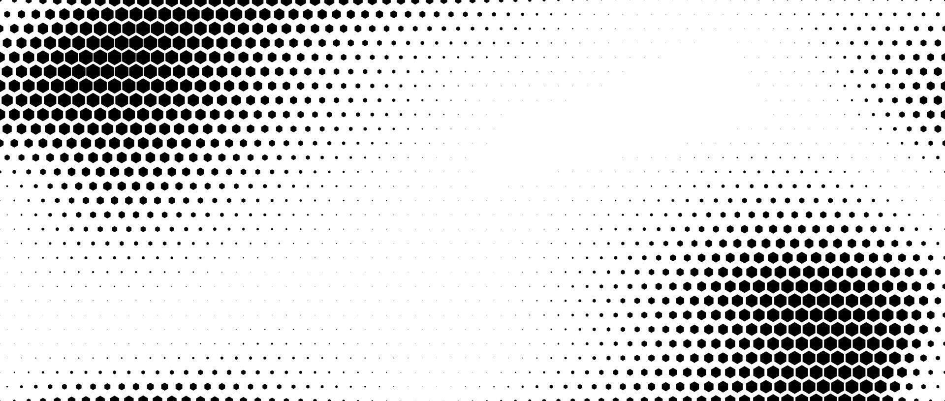 Hexagon halftone gradient texture. Abstract black grunge background. Geometric retro halftone tech overlay. Fading wavy hexagonal pattern backdrop. Vanishing honeycomb grunge bitmap wallpaper vector