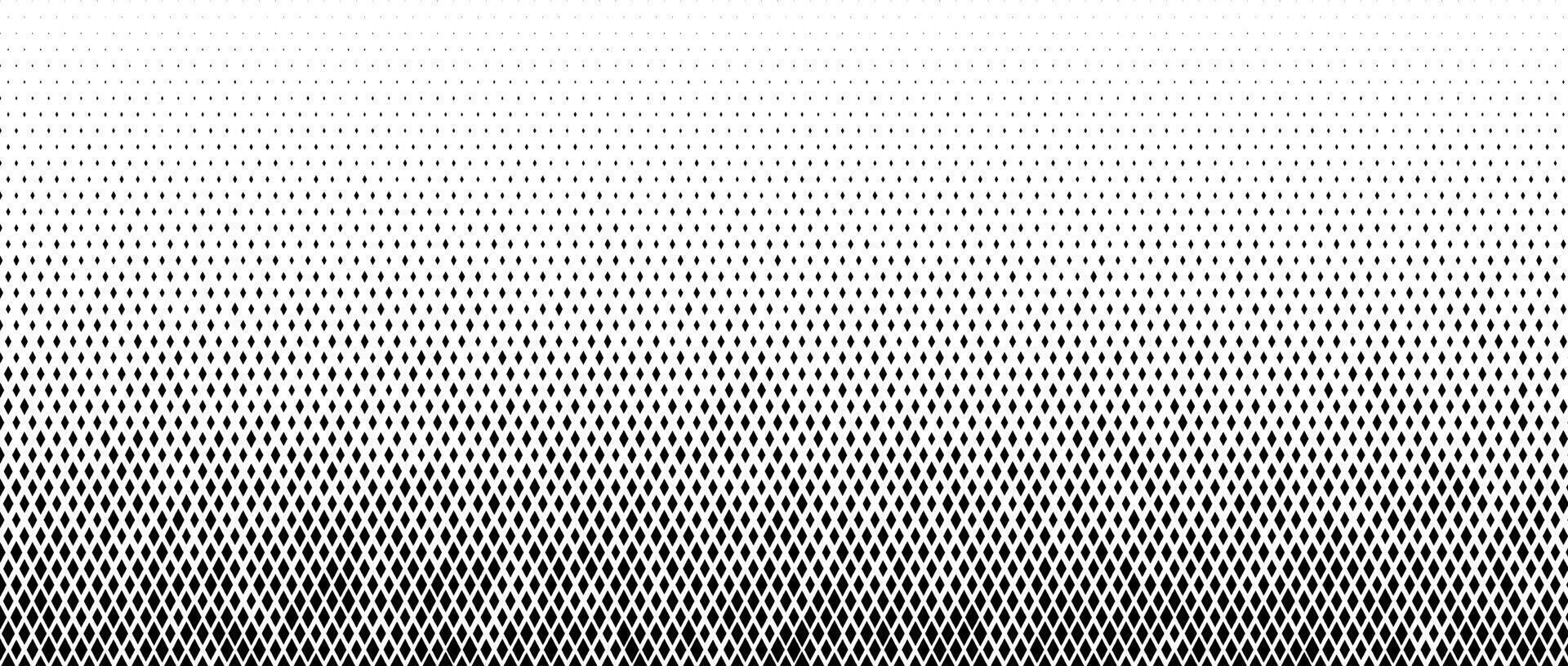 Rhombus gradient halftone texture. Diamond shape dot fading pattern. Abstract geometric particle vanishing gradient background. Rhomb shape grunge overlay structure. Black white wallpaper vector